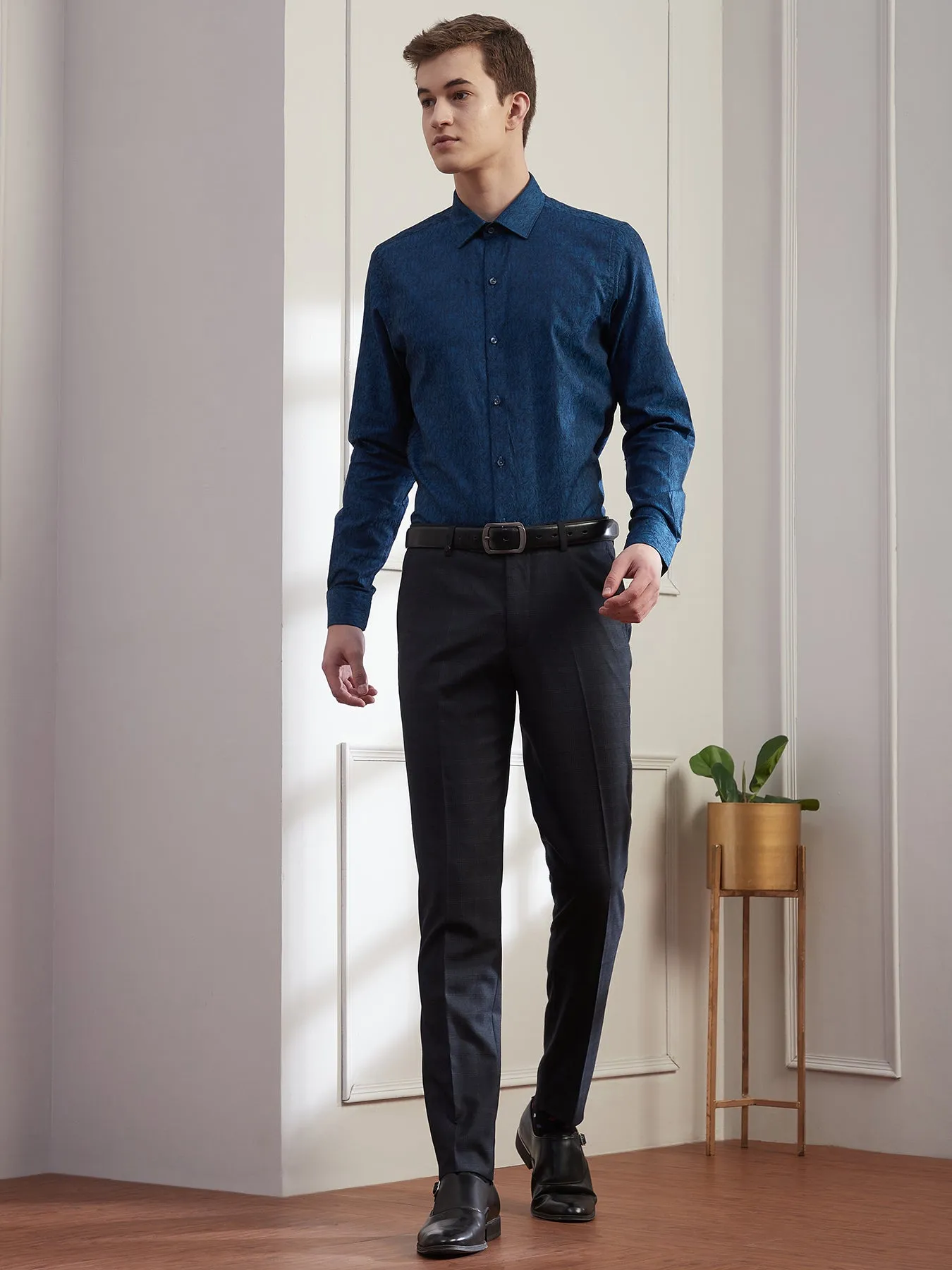 100% Cotton Blue Jacquard Slim Fit Full Sleeve Ceremonial Shirt