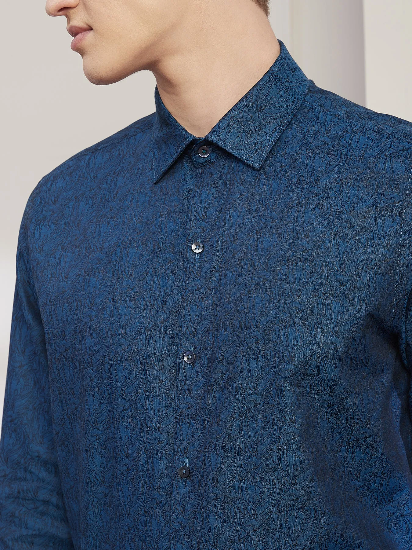 100% Cotton Blue Jacquard Slim Fit Full Sleeve Ceremonial Shirt