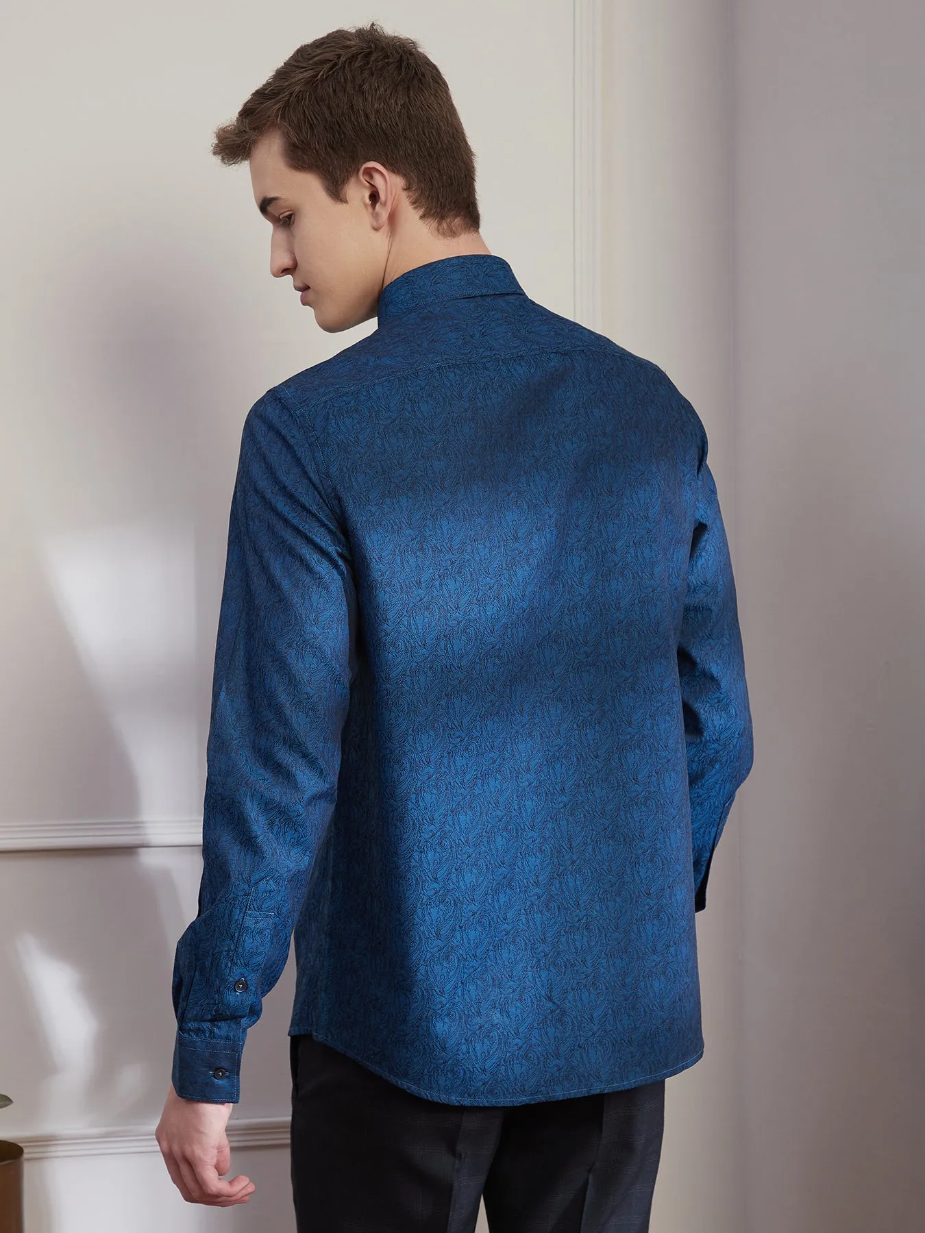 100% Cotton Blue Jacquard Slim Fit Full Sleeve Ceremonial Shirt