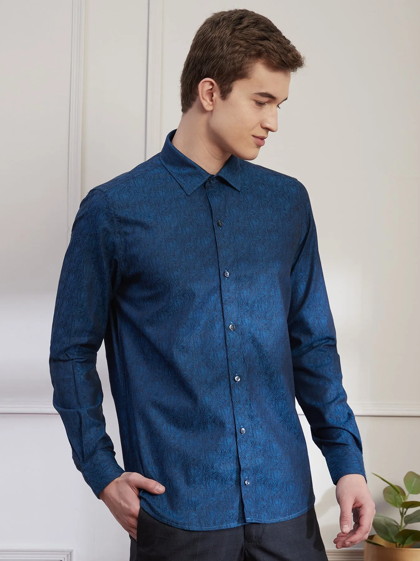 100% Cotton Blue Jacquard Slim Fit Full Sleeve Ceremonial Shirt