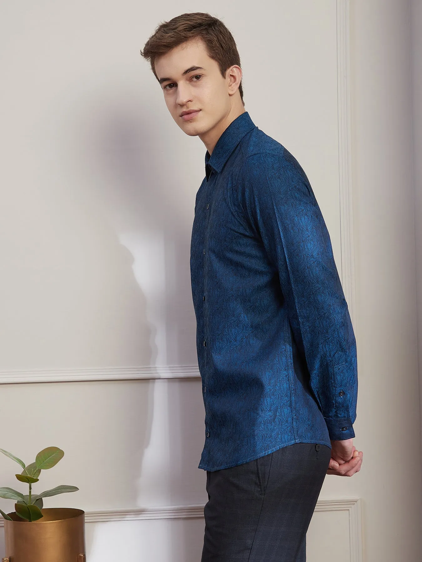 100% Cotton Blue Jacquard Slim Fit Full Sleeve Ceremonial Shirt