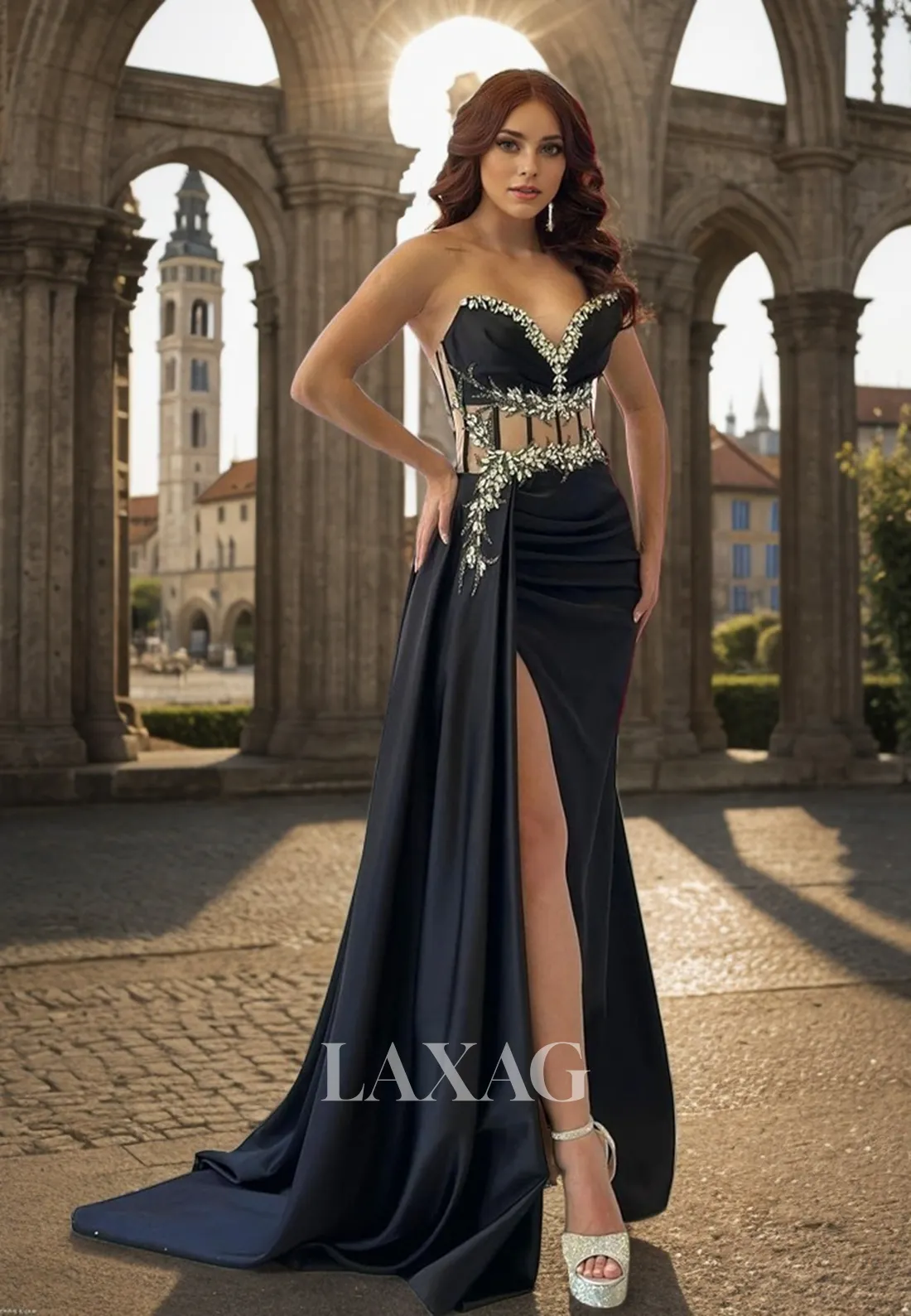 22093 - Sexy V neck Satin Pleated Beads High Split Mermaid Formal Prom Dress