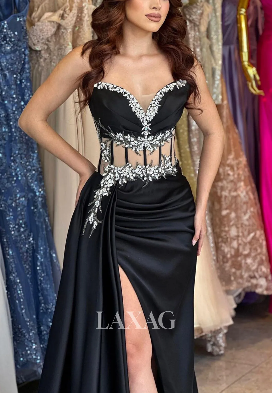 22093 - Sexy V neck Satin Pleated Beads High Split Mermaid Formal Prom Dress