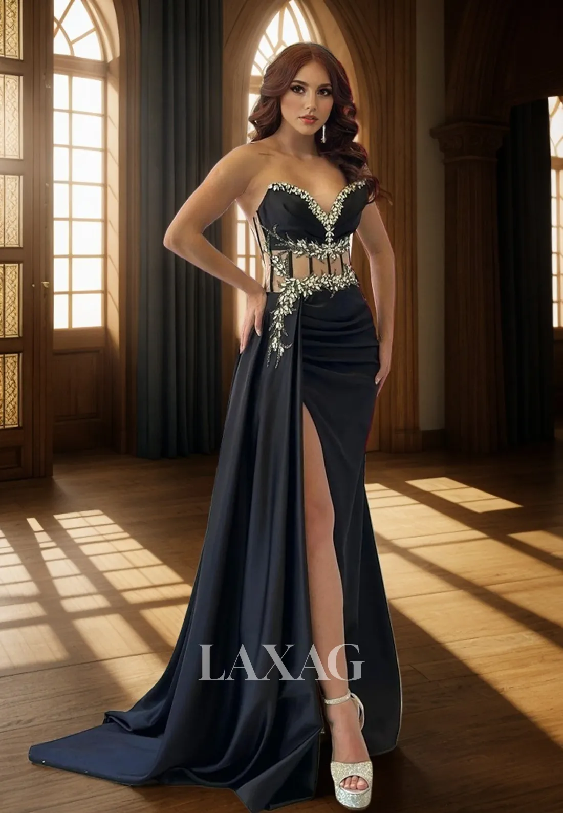 22093 - Sexy V neck Satin Pleated Beads High Split Mermaid Formal Prom Dress