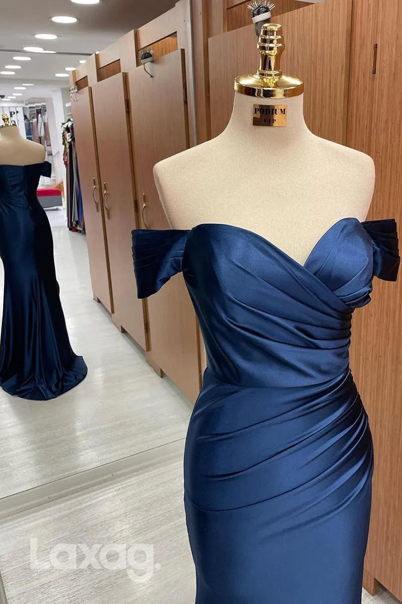 22223 - Off Shoulder Draped Sleek Satin Mermaid Party Prom Formal Evening Dress