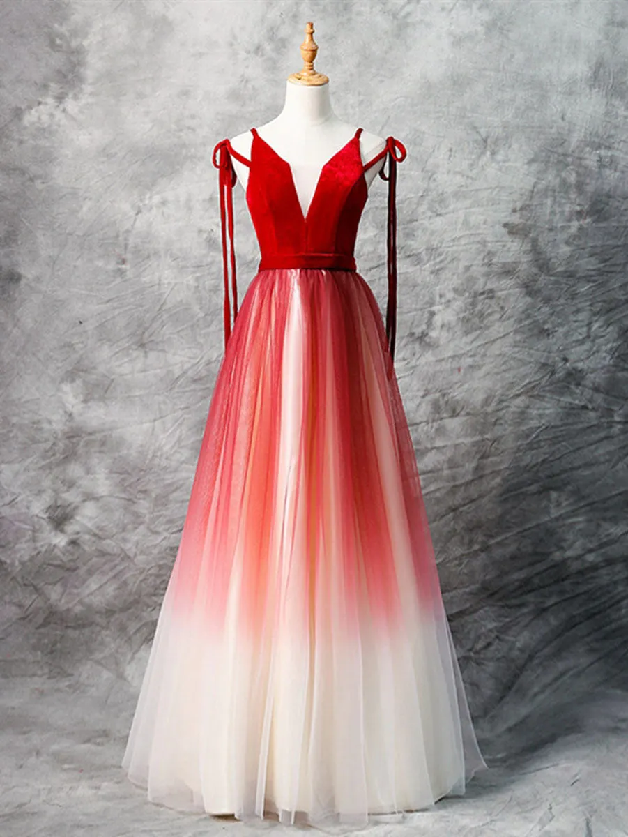 A-Line Red Velvet Tulle Long Prom Dress, Red Formal Dress