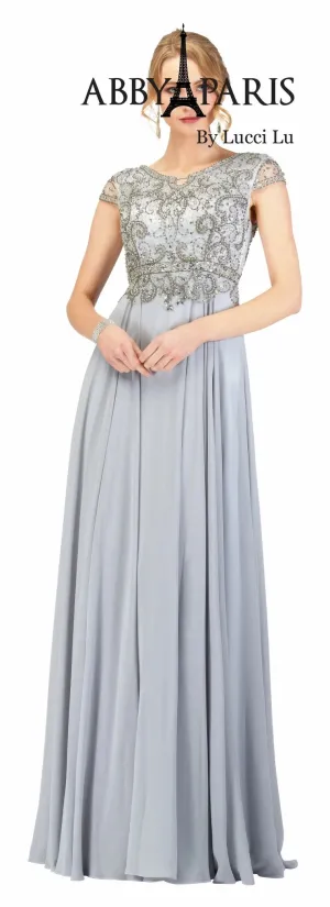 Abby Paris 95091 A-Line Chiffon Embellished Bodice Short Sleeve MOB Formal Gown