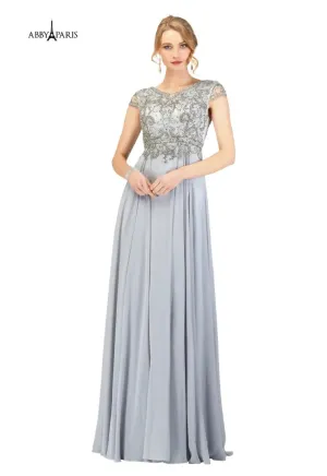 Abby Paris 95091 size 20 Grey A-Line Chiffon Embellished Bodice Short Sleeve MOB Formal Gown