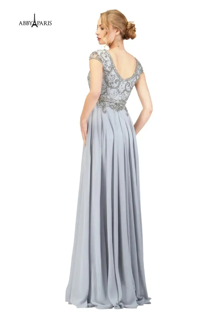 Abby Paris 95091 size 20 Grey A-Line Chiffon Embellished Bodice Short Sleeve MOB Formal Gown