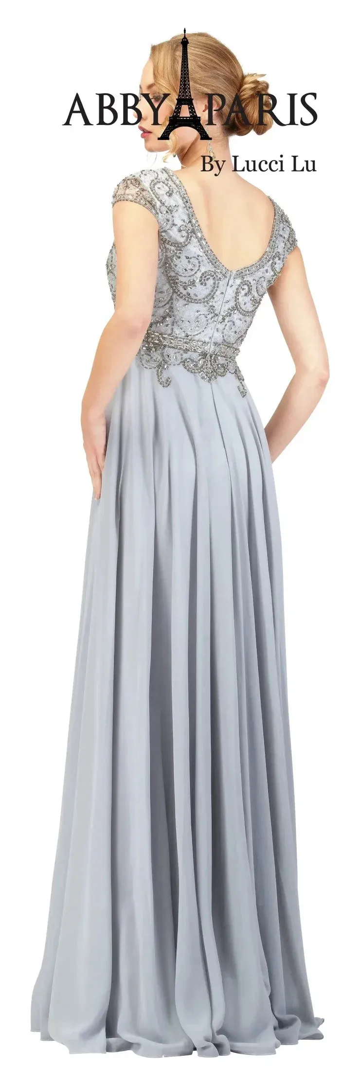 Abby Paris 95091 size 20 Grey A-Line Chiffon Embellished Bodice Short Sleeve MOB Formal Gown