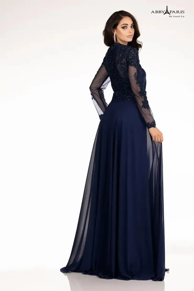 Abby Paris 96044W A-Line Sheer Long Sleeve Embellished Bodice V-Neck MOB Formal Dress