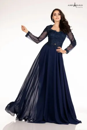 Abby Paris 96044W A-Line Sheer Long Sleeve Embellished Bodice V-Neck MOB Formal Dress