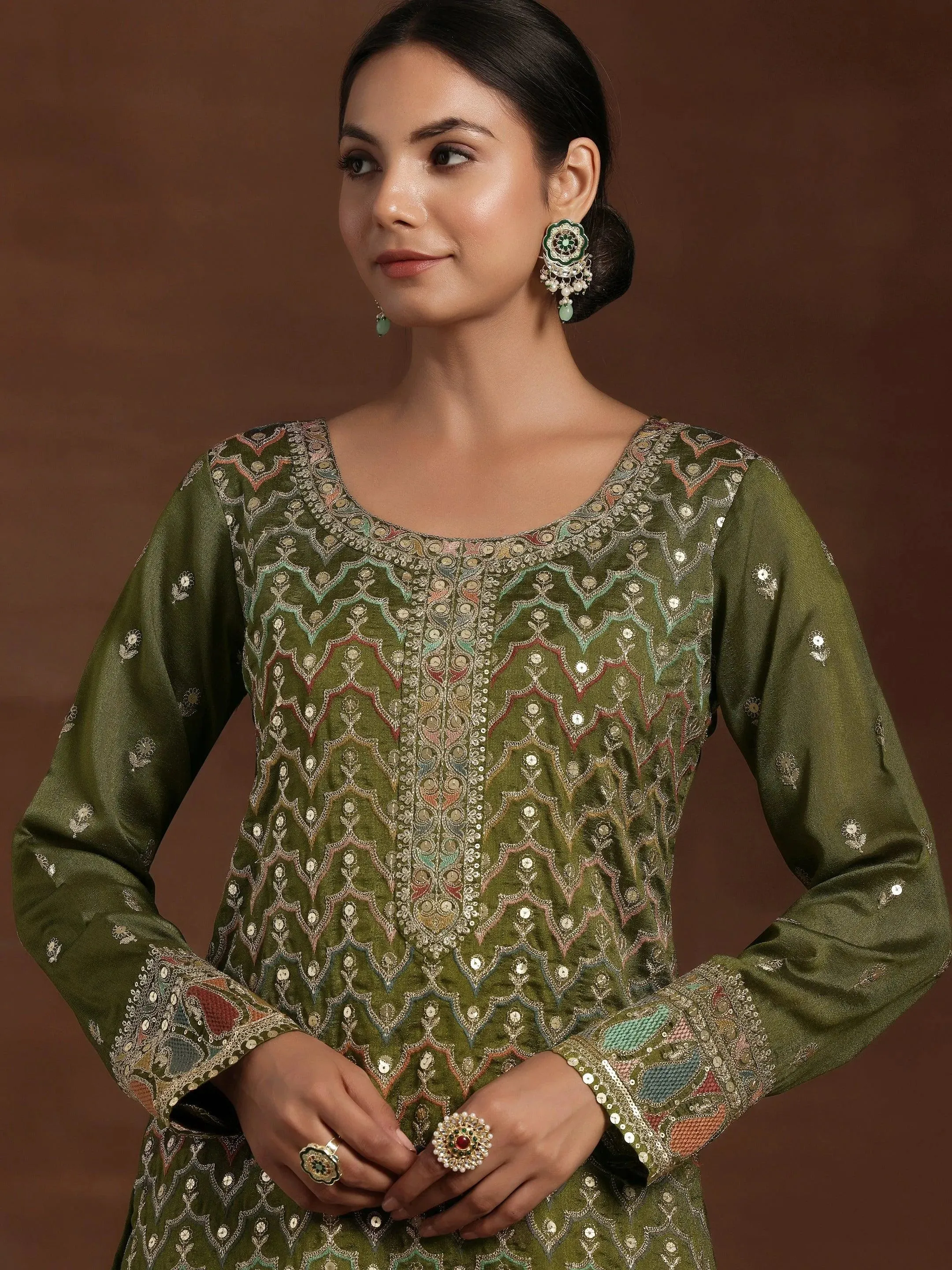 Adaa Olive Embroidered Silk Blend Straight Kurta With Palazzos & Dupatta