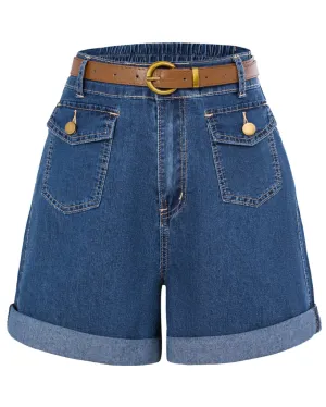 Bermuda Shorts Elastic Waist Wide Leg Shorts with Pockets & Belts