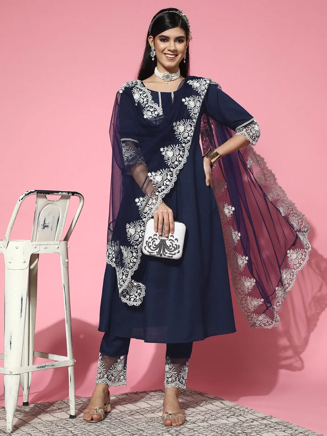 Blue Solid Cotton Blend Scalloped Edge Kurta Set