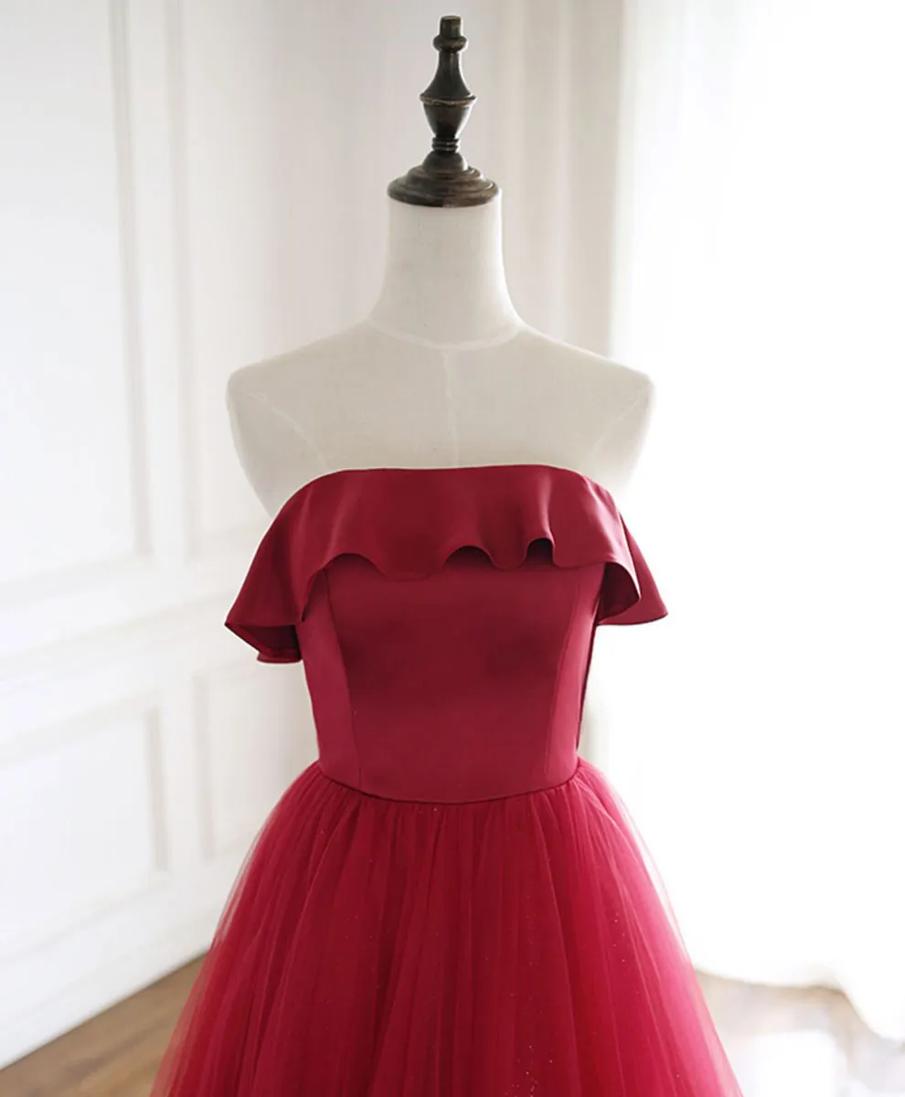 Burgundy Tulle Long Prom Dress, A line Burgundy Formal Party Dress