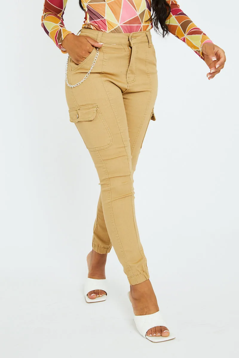 Camel Chain Detail Stretch Cargo Trousers - Nellie