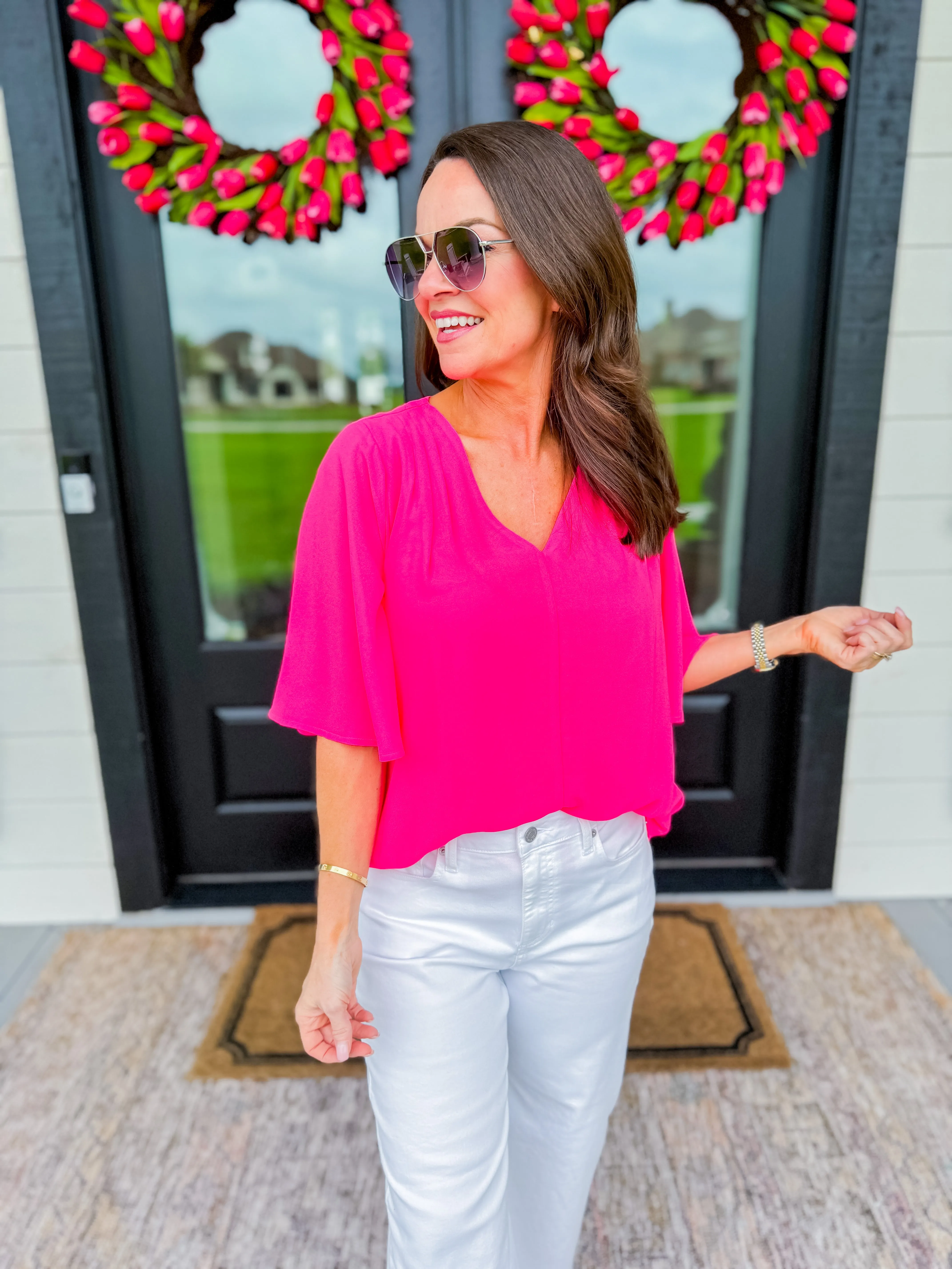 Chiffon Bell Sleeve Top in Hot Pink