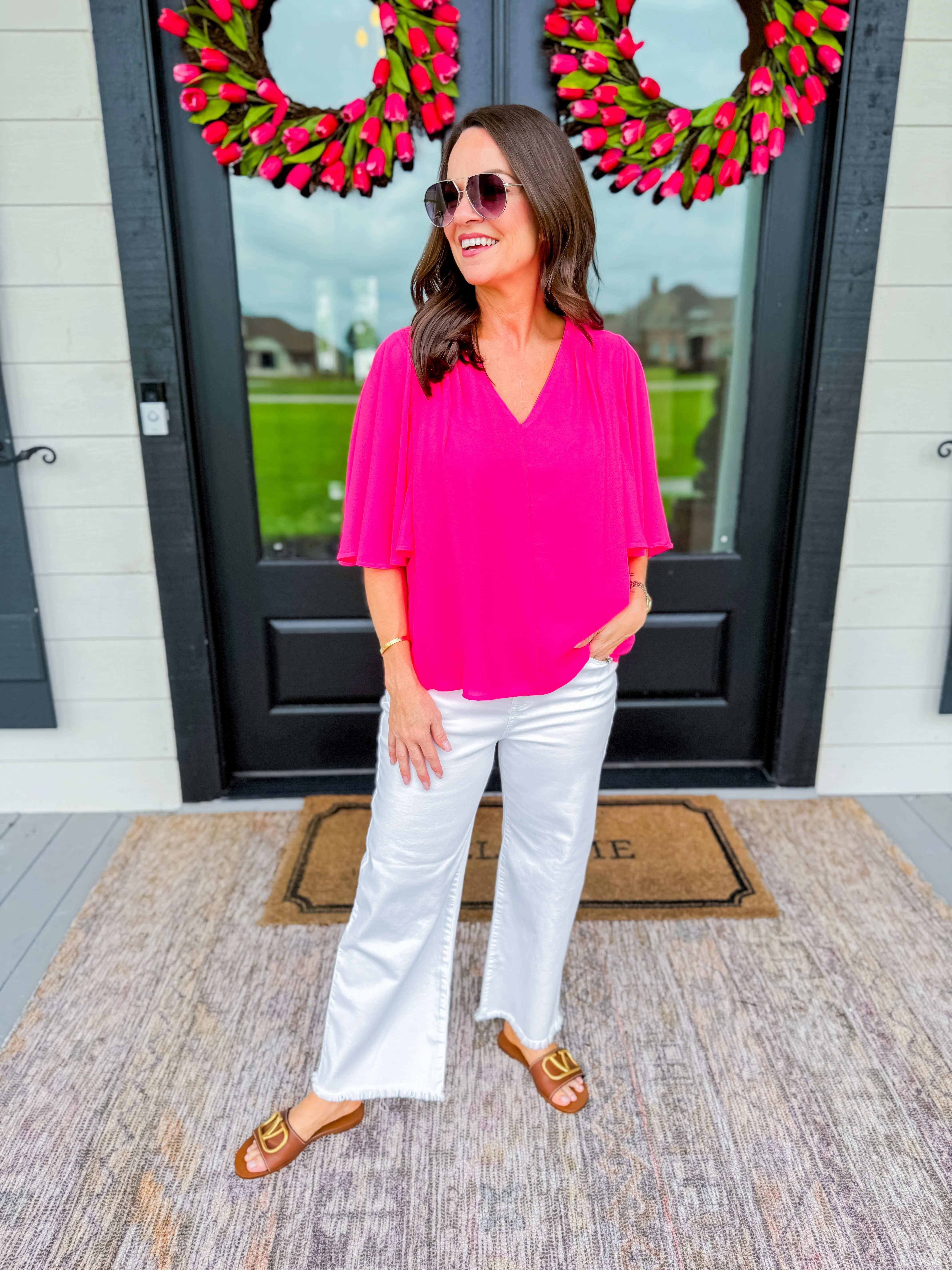 Chiffon Bell Sleeve Top in Hot Pink