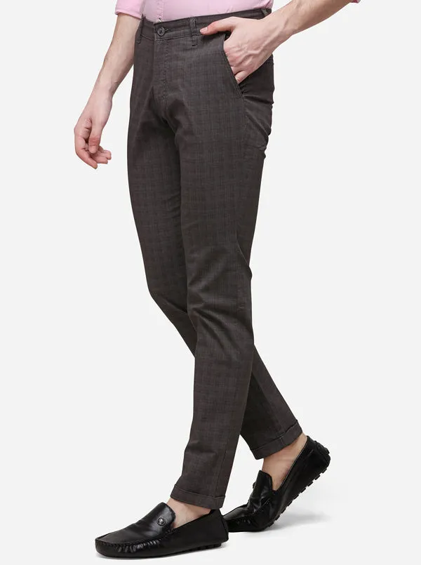 Coffee Super Slim Fit Checked Casual Trouser | Greenfibre