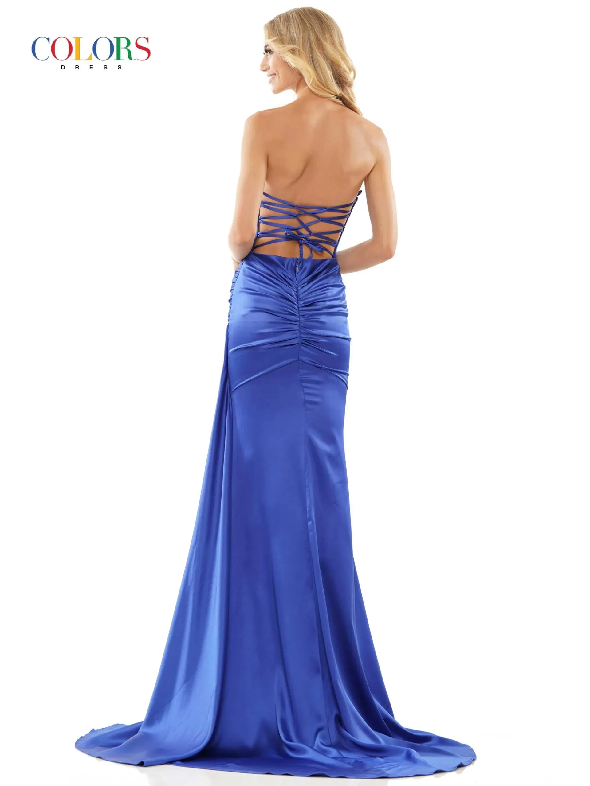 Colors Dress 2968 Long Prom Dress Fitted Satin High Slit Ruching Formal Pageant Gown