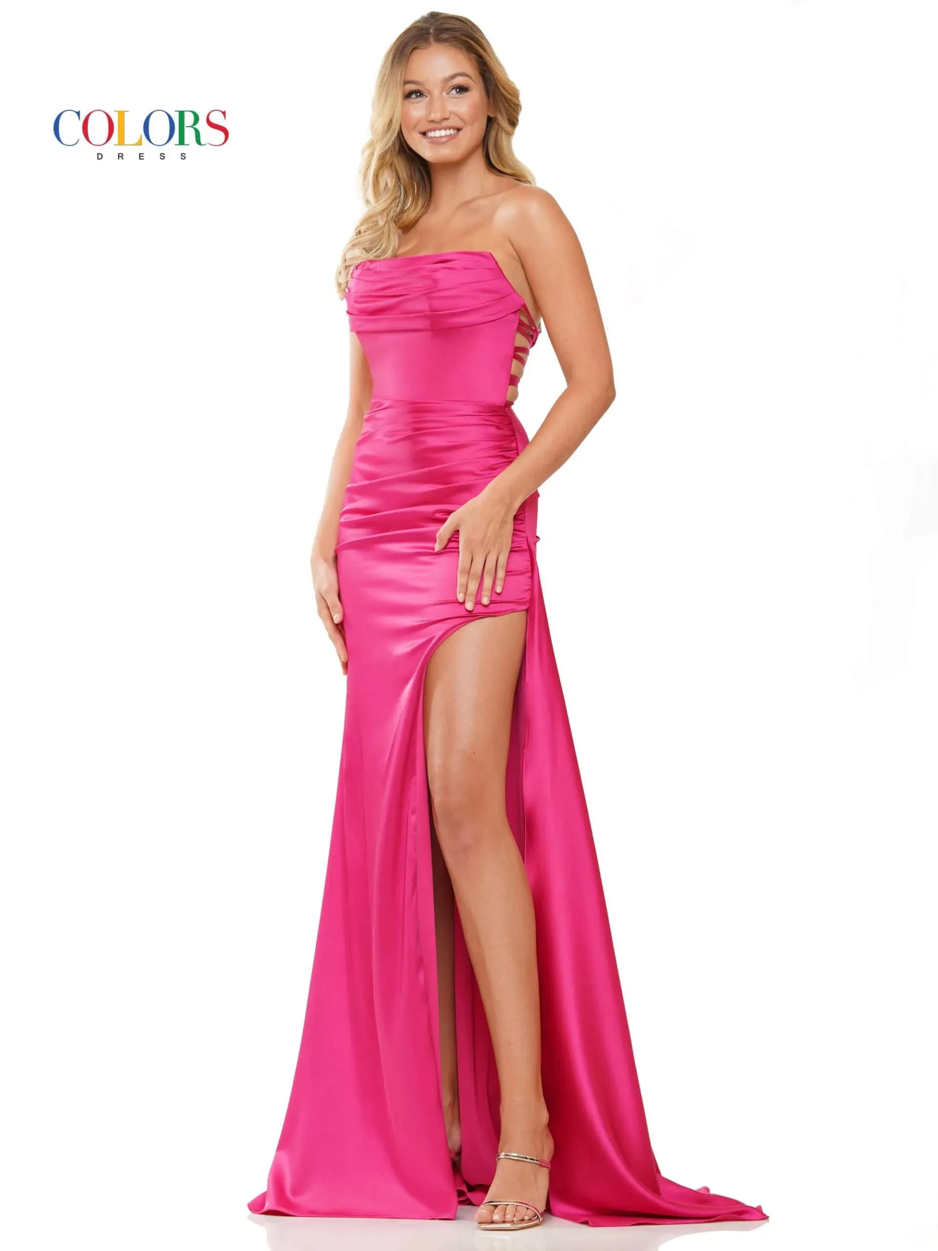 Colors Dress 2968 Long Prom Dress Fitted Satin High Slit Ruching Formal Pageant Gown