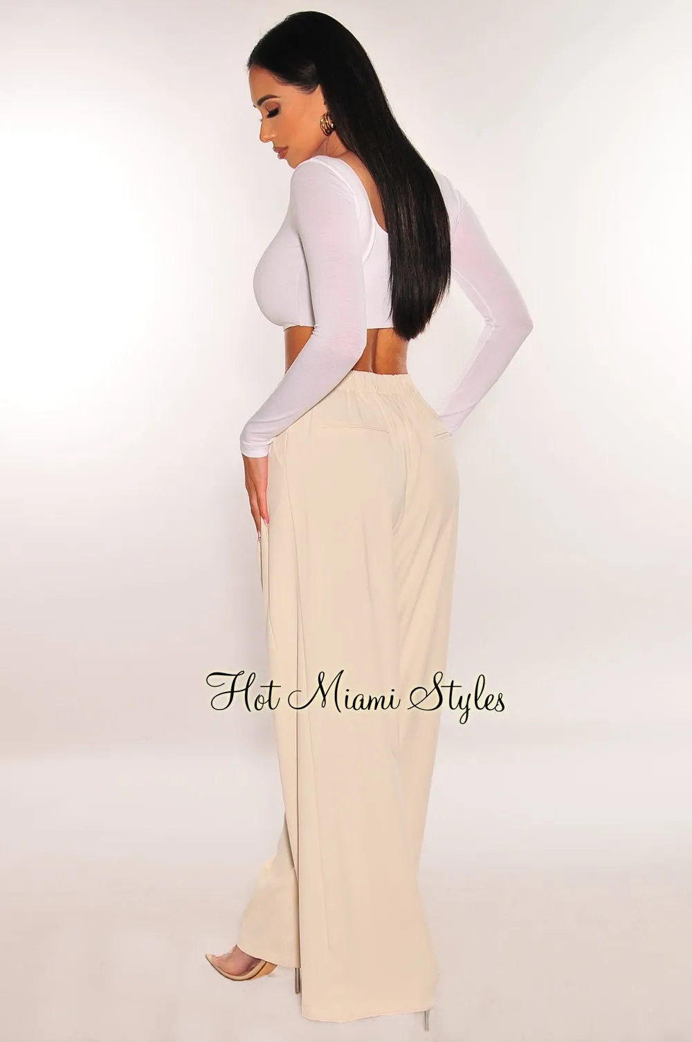 Cream High Waist Pleated Wide Leg Pants