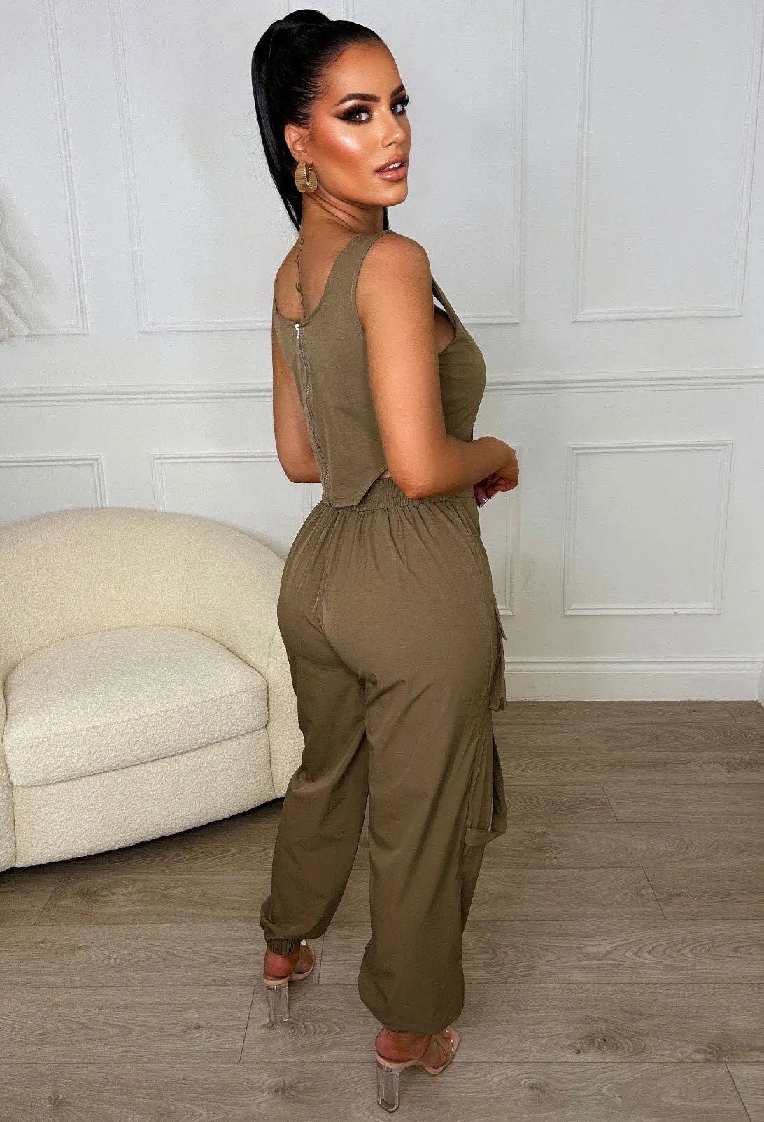 Cute In Cargo Khaki Cargo Pocket Detail Cuffed Hem Trouser Co-Ord Set