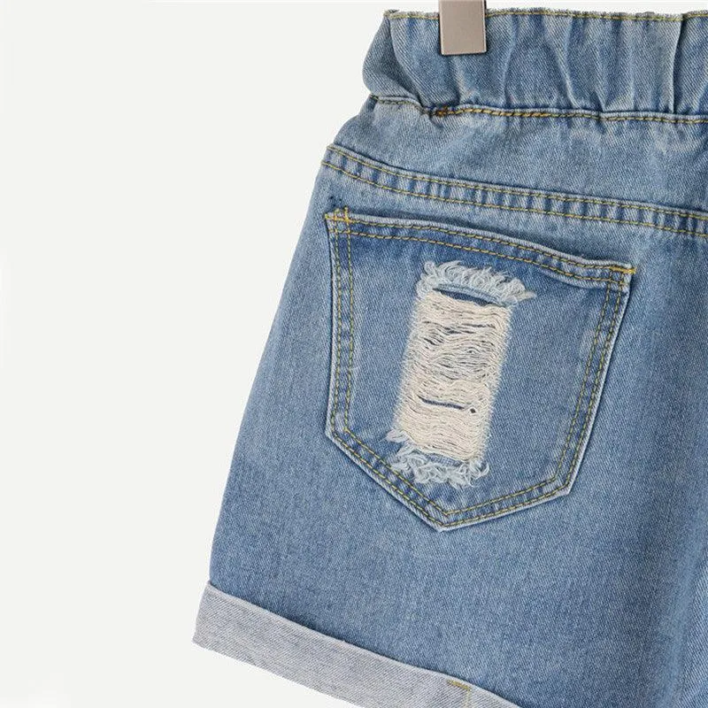 DENIM DRAWSTRING FRAYED SHORTS