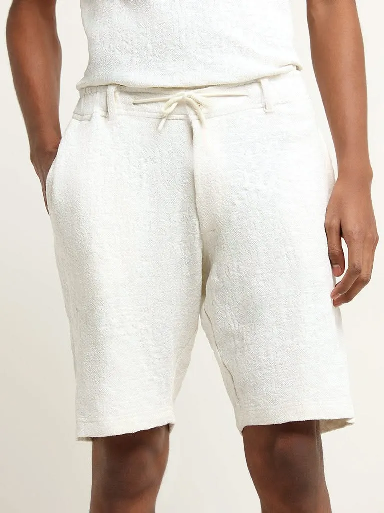 ETA White Mid-Rise Textured Cotton Blend Relaxed Fit Shorts