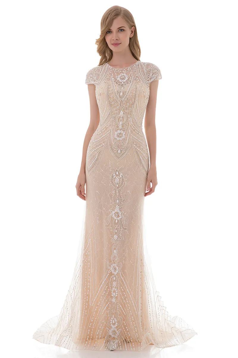 Formal Champagne Lace With Beaded Cap Sleeves Long Evening Dress