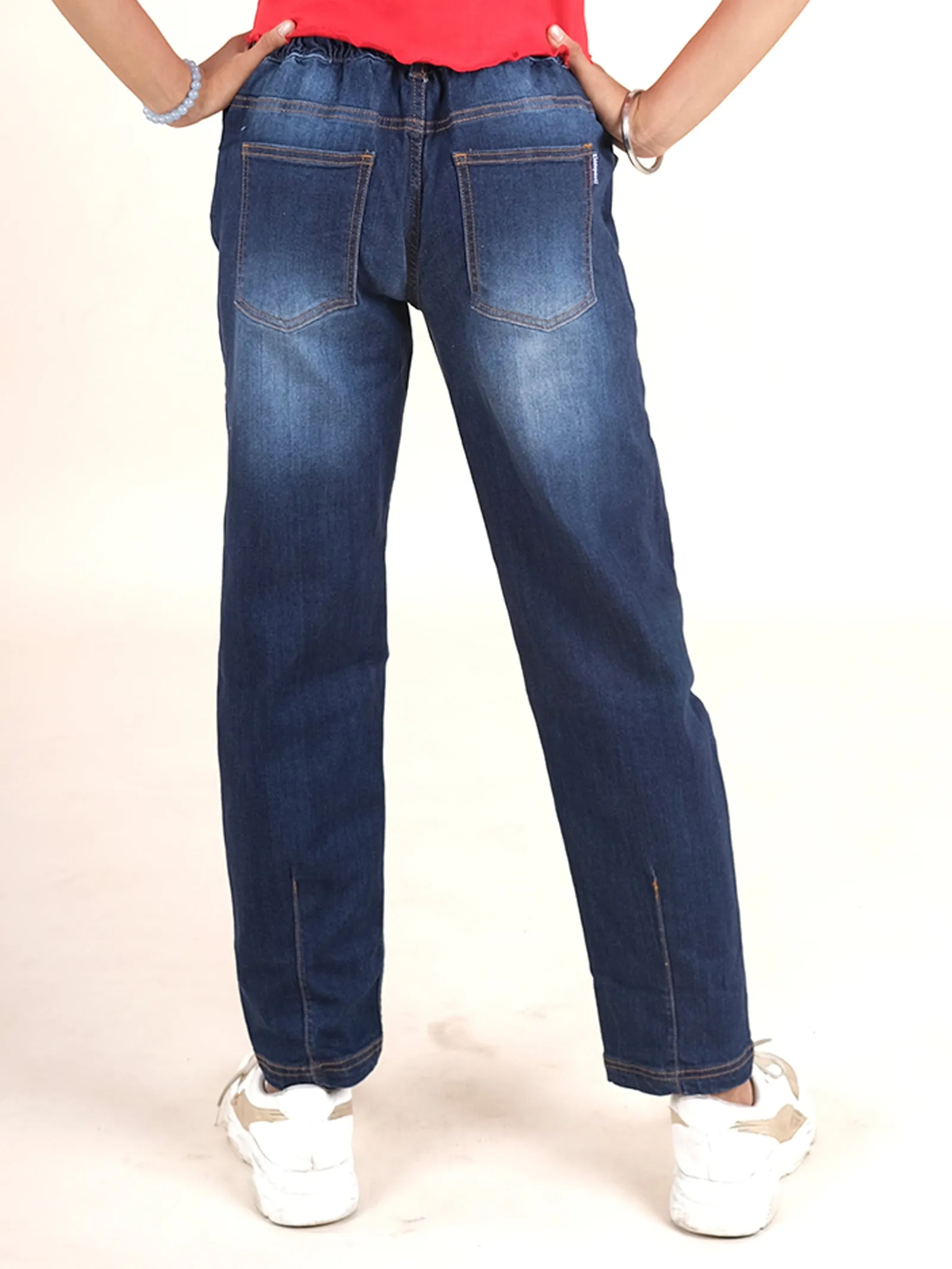 Girls Solid Paper Bag Jeans Pant With Fabric Belt