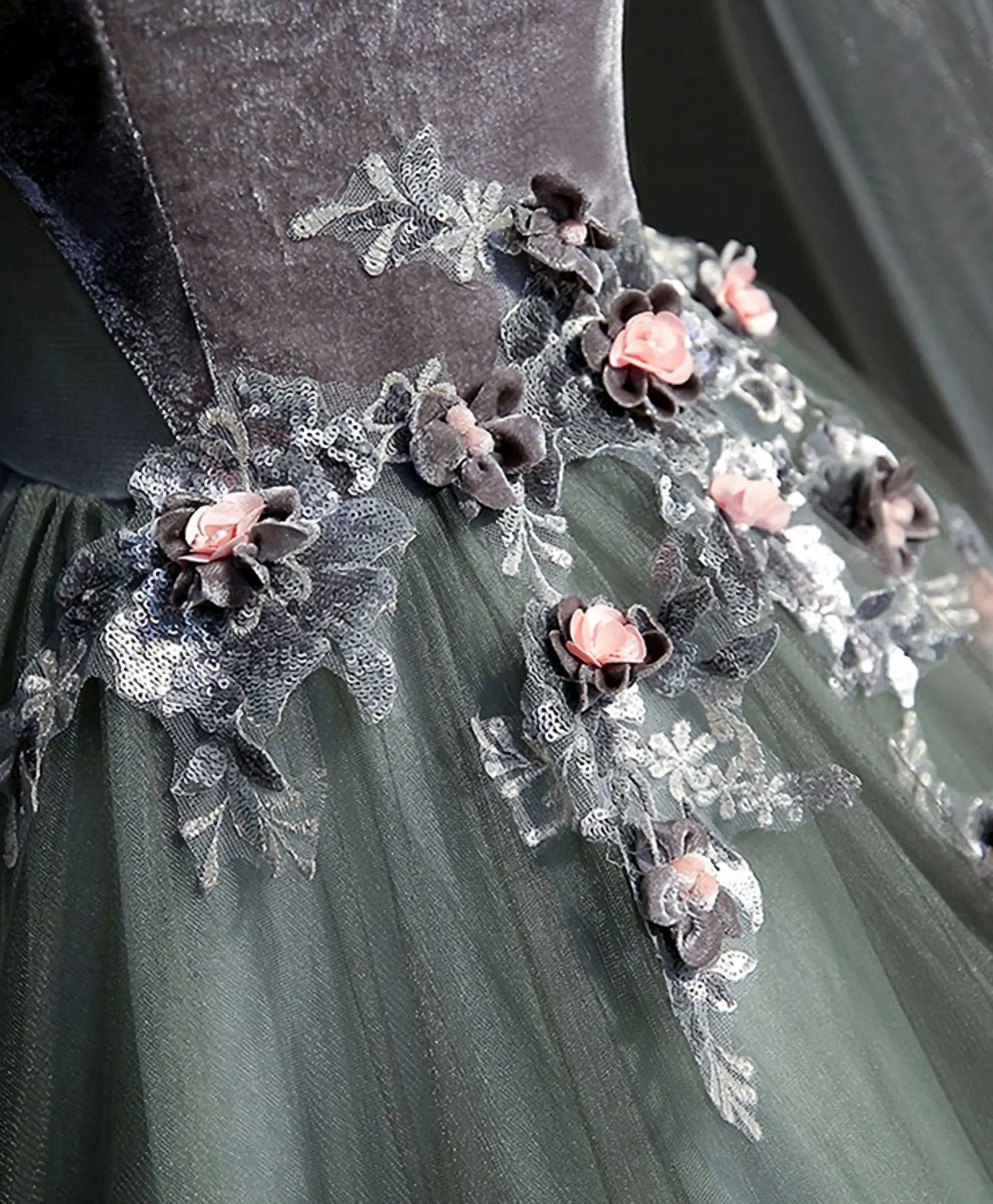 Gray Green Tulle Lace Long Prom Dress, Gray Tulle Formal Dress