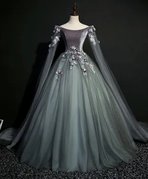 Gray Green Tulle Lace Long Prom Dress, Gray Tulle Formal Dress