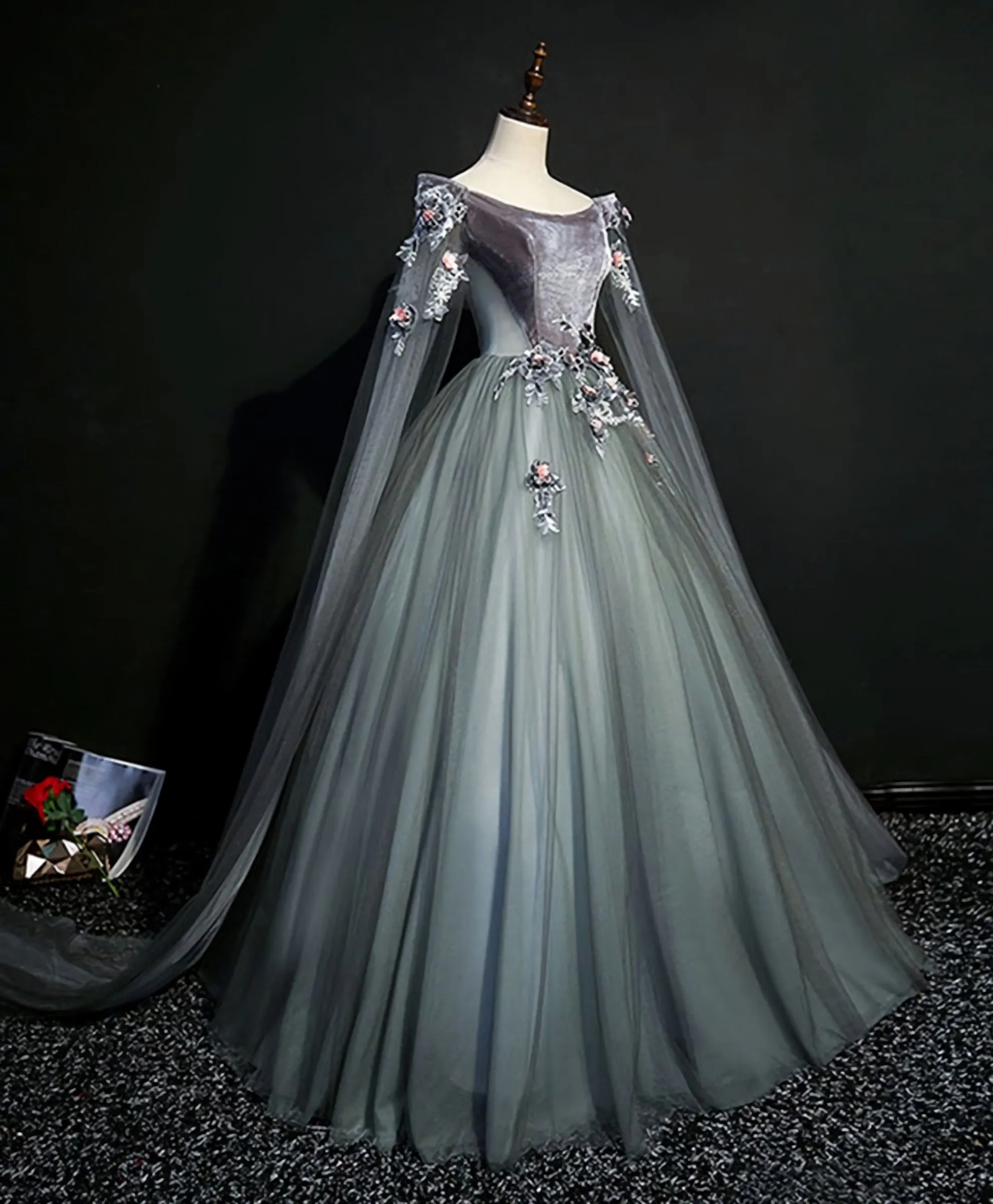 Gray Green Tulle Lace Long Prom Dress, Gray Tulle Formal Dress