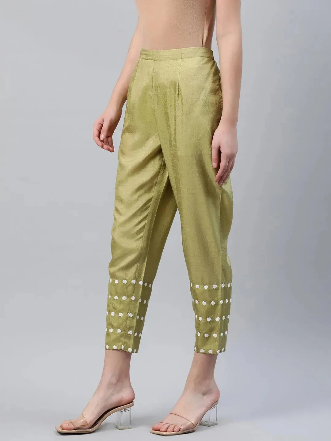 Green Embroidered Silk Trousers