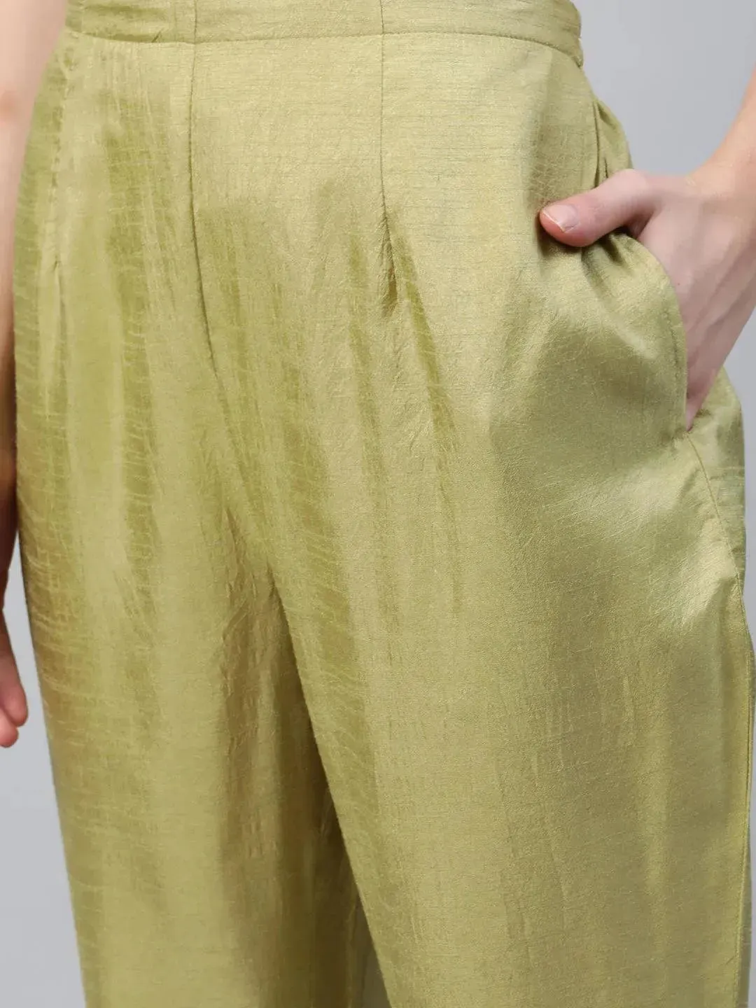 Green Embroidered Silk Trousers