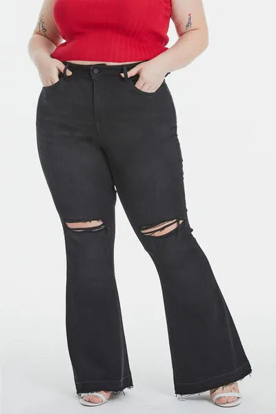 High Waist Distressed Raw Hem Flare Jeans