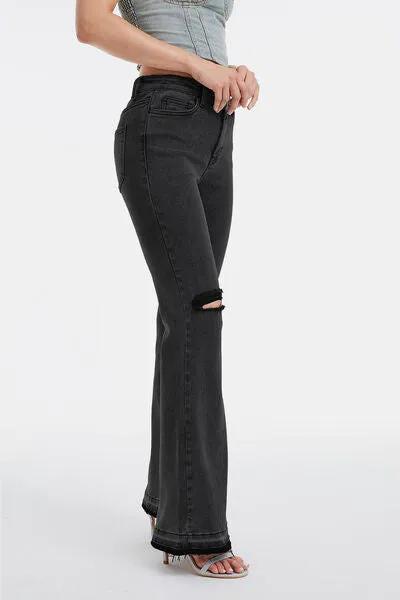 High Waist Distressed Raw Hem Flare Jeans