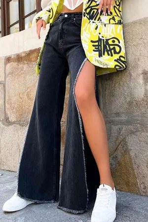 High Waist Solid Color High Slit Jeans