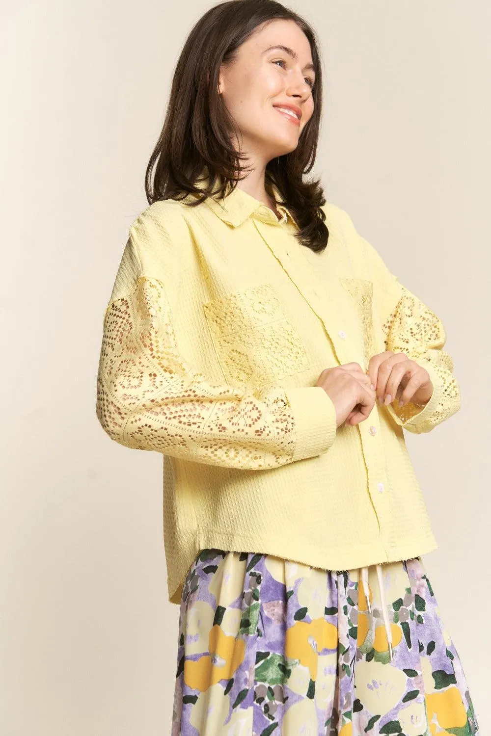 J.NNA Button Down Lace Long Sleeve Waffle Shirt