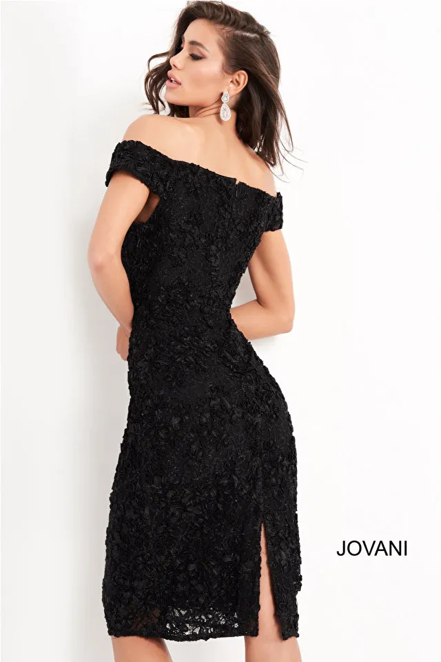 Jovani 04763 Off The Shoulder Knee Length Lace Fitted Short Formal Dress