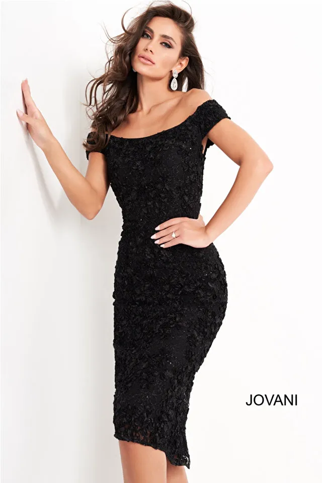 Jovani 04763 Off The Shoulder Knee Length Lace Fitted Short Formal Dress