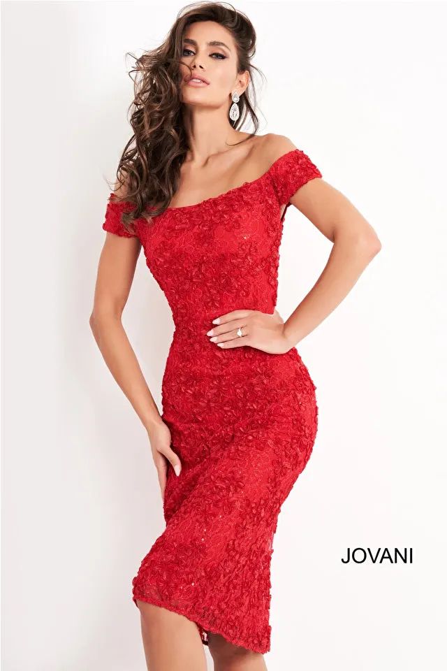 Jovani 04763 Off The Shoulder Knee Length Lace Fitted Short Formal Dress