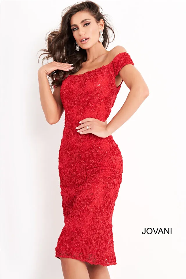 Jovani 04763 Off The Shoulder Knee Length Lace Fitted Short Formal Dress