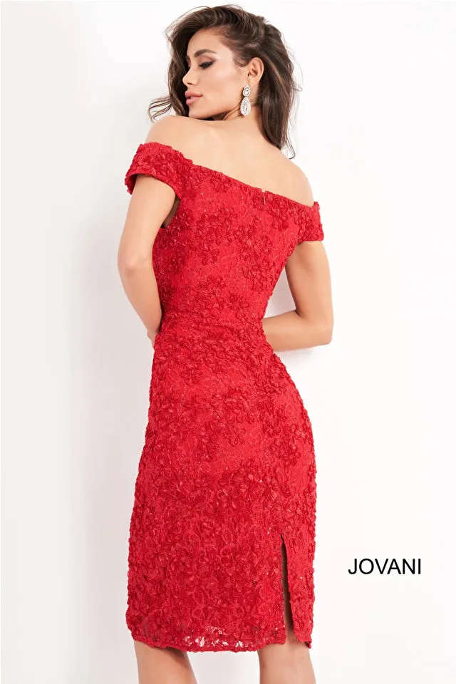 Jovani 04763 Off The Shoulder Knee Length Lace Fitted Short Formal Dress