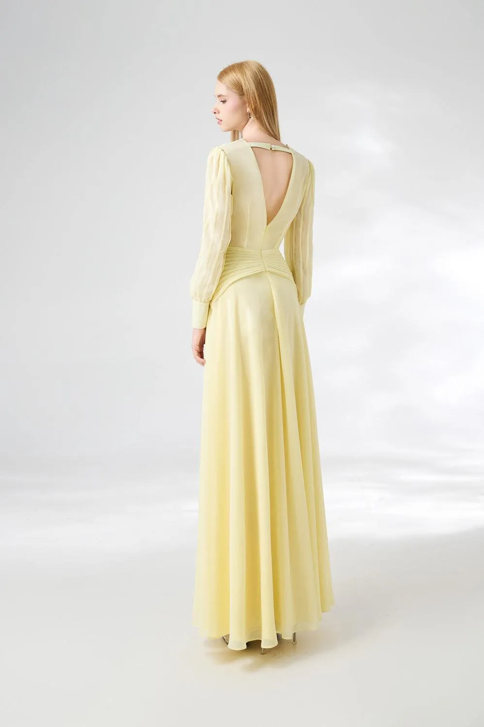 Khalil A-line Cuff Sleeved Chiffon Floor Length Dress