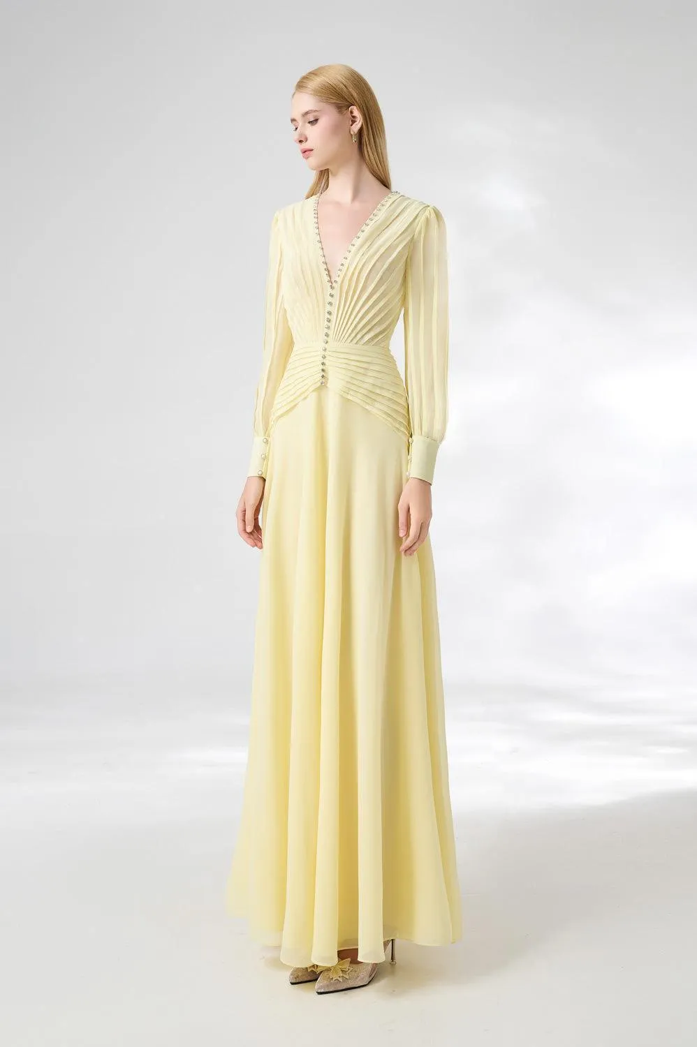 Khalil A-line Cuff Sleeved Chiffon Floor Length Dress