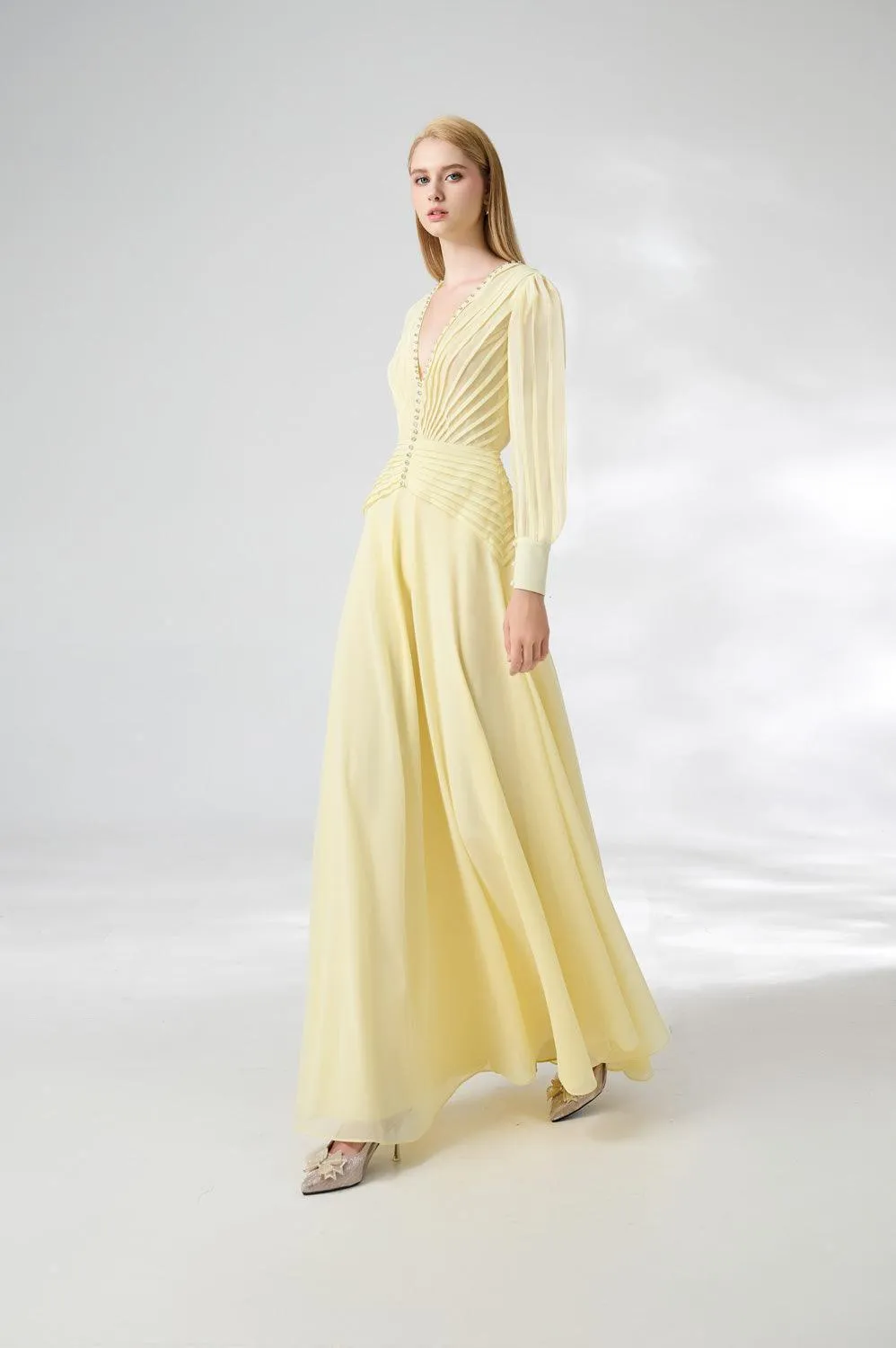 Khalil A-line Cuff Sleeved Chiffon Floor Length Dress