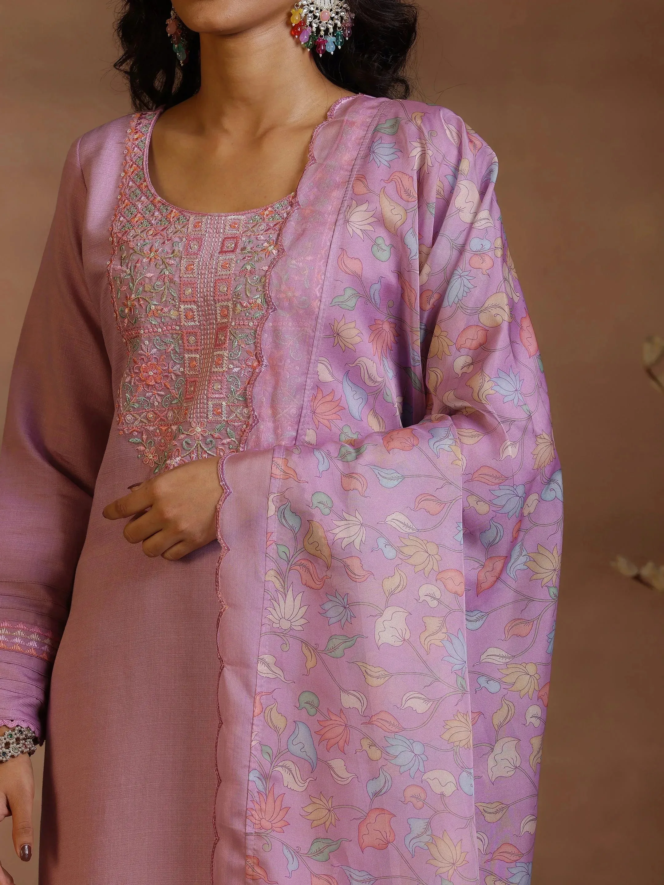 Lavender Yoke Design Silk Blend Straight Suits With Dupatta